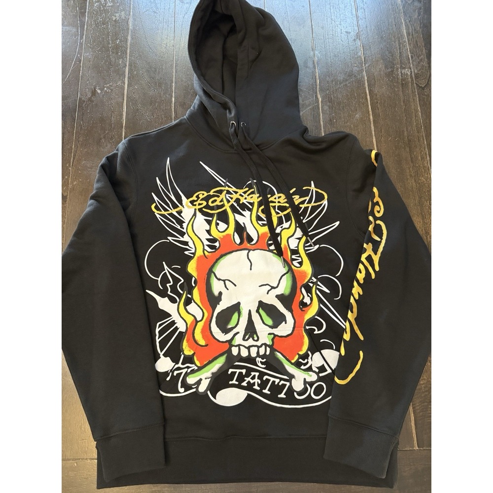 NWT Ed Hardy Skull Flame Graphic Hoodie Black Tattoo Pullover Men's M